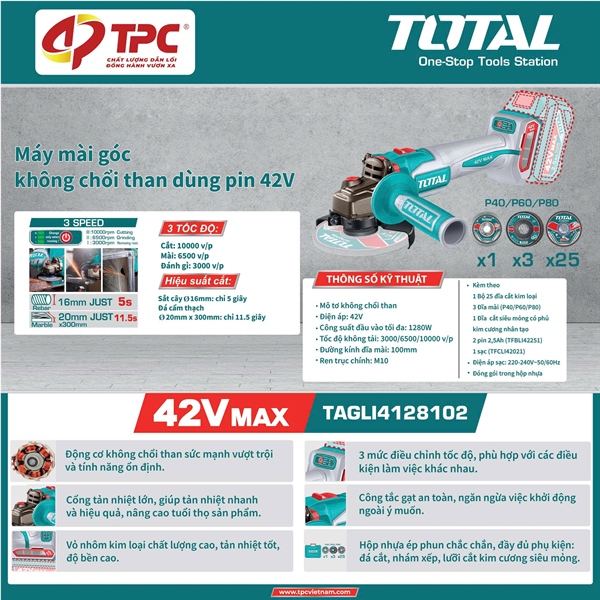 Máy mài góc không chổi than dùng pin 42V Total TAGLI4128102