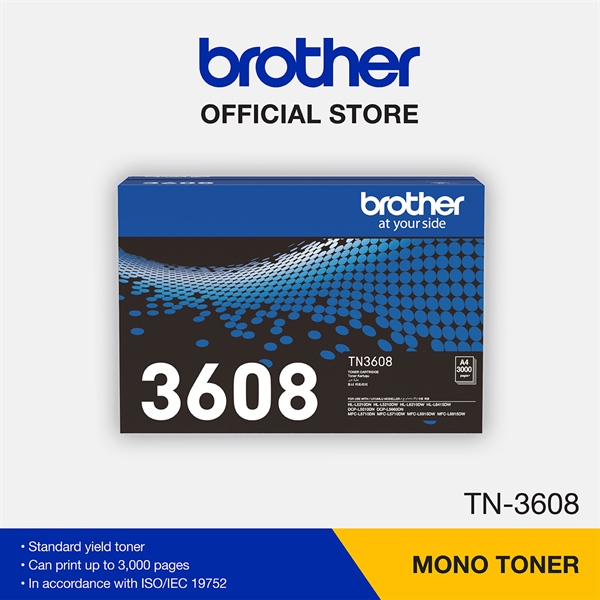 HỘP MỰC CHÍNH HÃNG TN3608, DÙNG CHO BROTHER L5210/5510/5710/5915/6210/6415/6915 - Black Standard Yield Toner Cartridge, up to 3,000 pages. Declared yield in accordance with ISO/IEC 19752