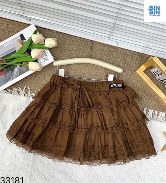 33181-Chân Váy Tầng Phối Ren Nâu