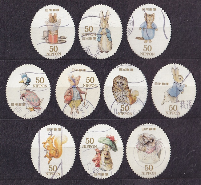 [ORDER - KHÔNG CÓ SẴN] Bộ 10 Tem Nhật Bản - Thỏ Peter | Japan - Peter Rabbit™ and Friends 50yen 2011 G47 (10) | Used/CTO