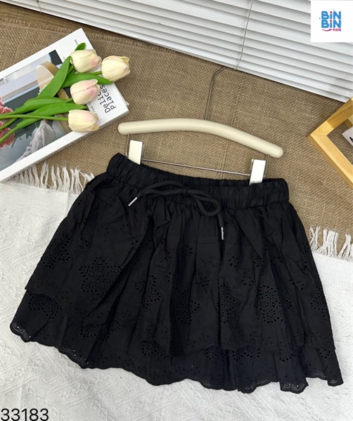 33183-Chân Váy Thô Thêu Nhiều Hoa 2 Tầng Đen