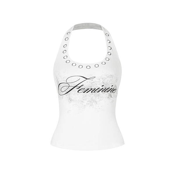 Áo Cổ Yếm TWENTI Thun Rib Đính Khoen In Feminine Tôn Dáng - Feminine - Trắng - FREESIZE