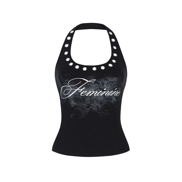 Áo Cổ Yếm TWENTI Thun Rib Đính Khoen In Feminine Tôn Dáng - Feminine - Đen - FREESIZE