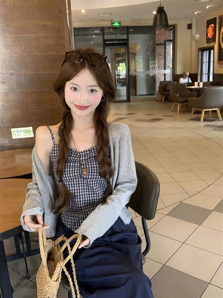 [T] Set áo 2 dây kẻ + cardigan