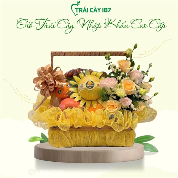 GIỎ TRÁI CÂY QUAI GỖ VUÔNG TONE VÀNG