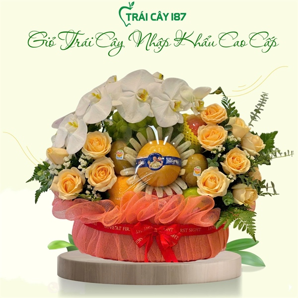 GIỎ TRÁI CÂY KẾT HỢP HOA LAN - HOA HỒNG VÀNG