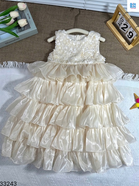 33243- Đầm SN voan gân tầng kết cườm
