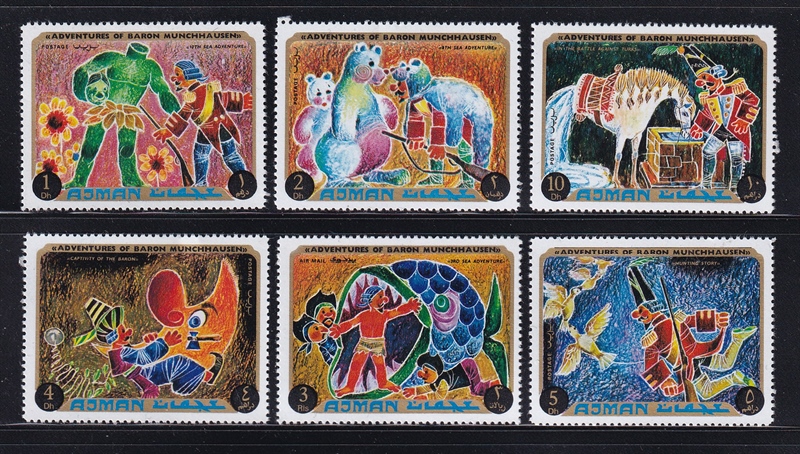Bộ 6 Tem Ajman - Những Cuộc Phiêu Lưu Của Nam Tước Munchausen | Ajman - Adventures Of Baron Münchhausen 1971 (6) | Mint
