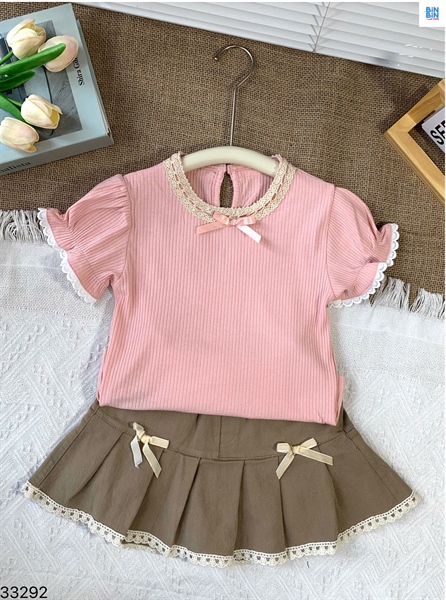 33292-Set áo nơ hồng + CV xếp ly rêu