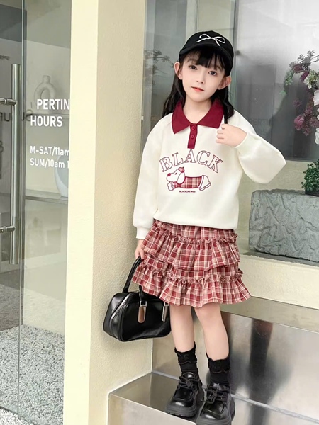 33257- Set váy polo cún caro bèo tầng đỏ