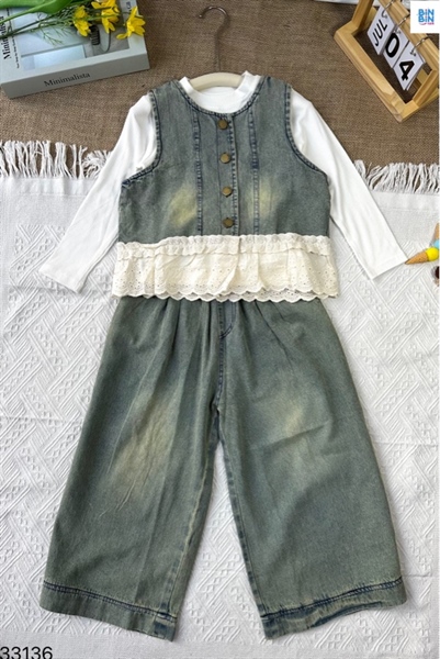 33136-Set 3ct quần jean lai ren xanh loang + áo TD teeng