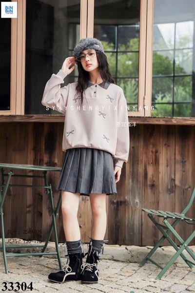 33304-Set váy polo hồng nơ xám