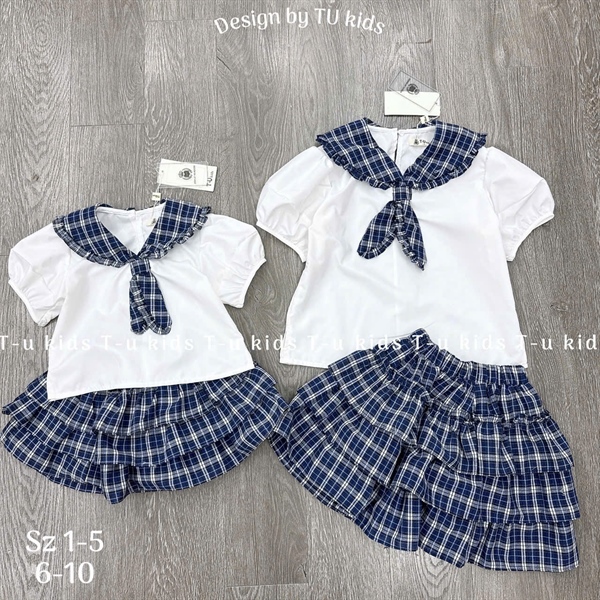 Set áo cổ thủy thủ chân váy caro tầng xành, đỏ (6-10)