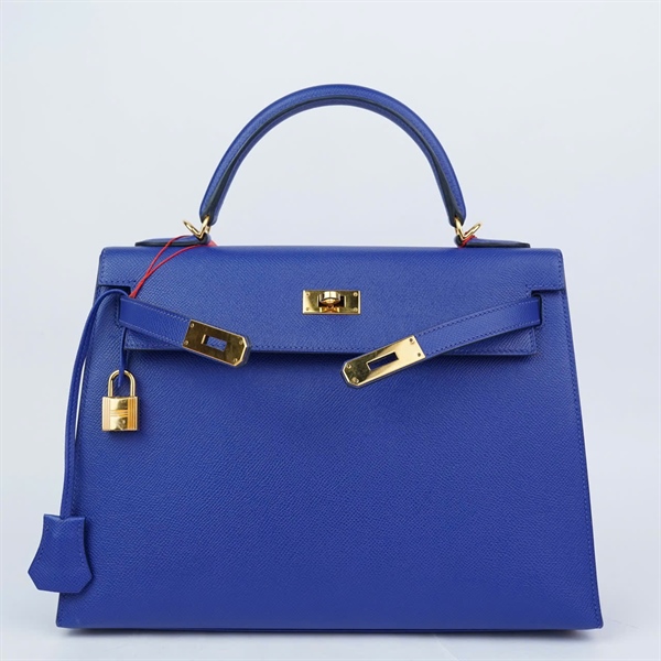 Túi Hermes Kelly stamp AHT649 xanh blue kèm lót form + ổ và chìa sz32 KG+