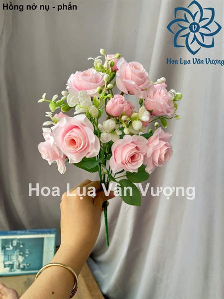 Hồng nở nụ - phấn - Hoa cành ngắn - Hoa Lụa Vân Vượng
