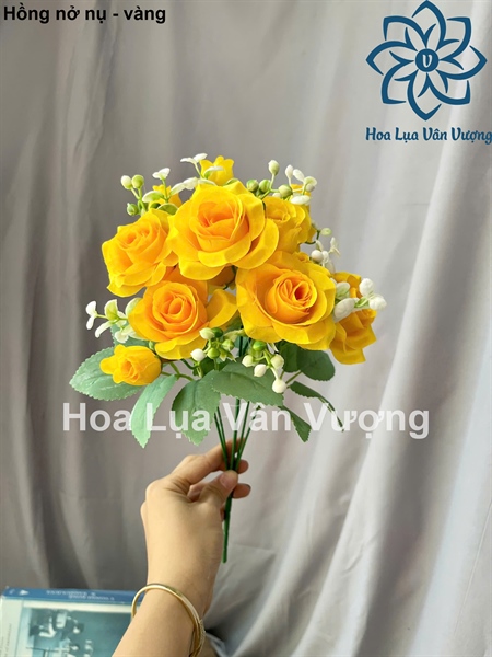 Hồng nở nụ - vàng - Hoa cành ngắn - Hoa Lụa Vân Vượng
