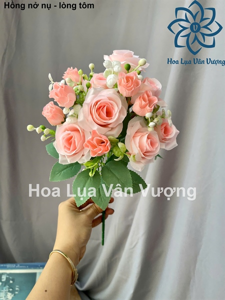 Hồng nở nụ - lòng tôm - Hoa cành ngắn - Hoa Lụa Vân Vượng