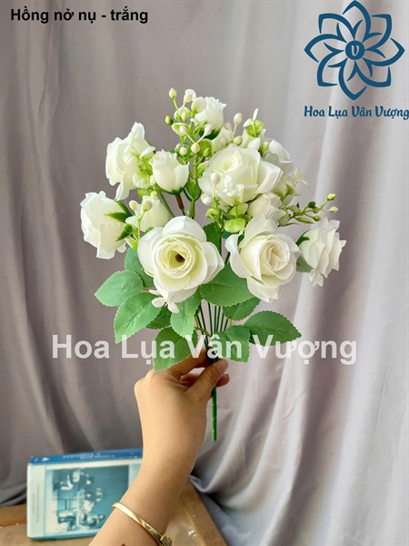 Hồng nở nụ - trắng - Hoa cành ngắn - Hoa Lụa Vân Vượng