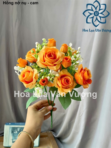 Hồng nở nụ - cam - Hoa cành ngắn - Hoa Lụa Vân Vượng