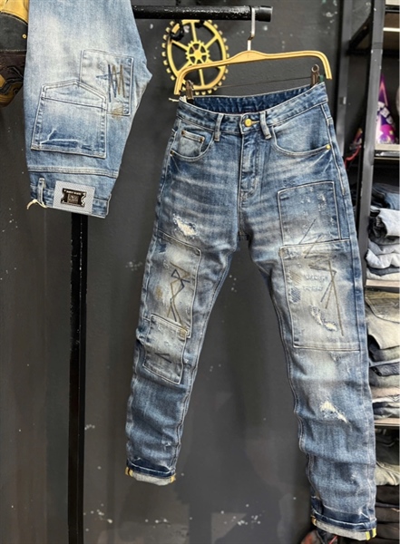 Jean Dài -QCSCT- TC5020 xanh was đắp vá thêu mạng chỉ