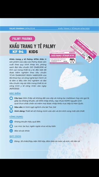 Khẩu trang y tế Palmy KF94 Kids màu hồng (Hộp 20 cái) - Palmy Pharma