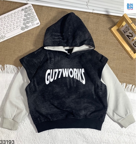 33193-Áo hoodie đen loang phân tay xám
