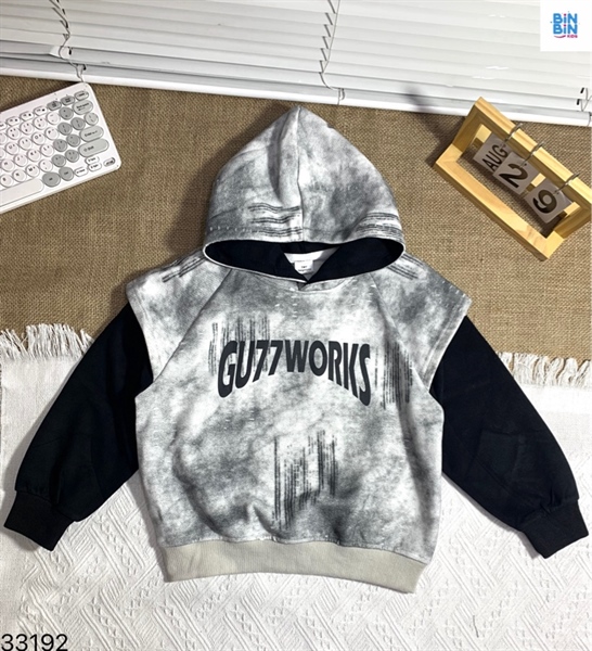 33192-Áo hoodie xám loang phân tay đen