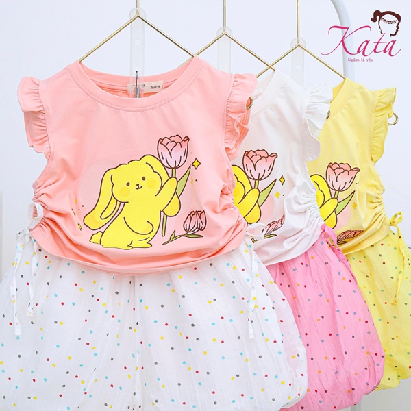 BG QUẦN CHẤM BI ÁO TAY TIÊN DÂY RÚT EO IN THỎ SIZE 4-14,R6