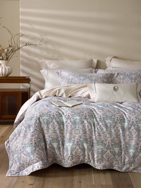 Bộ ga in hoa đối xứng cổ điển màu xanh cam - nền kem - LF03.02