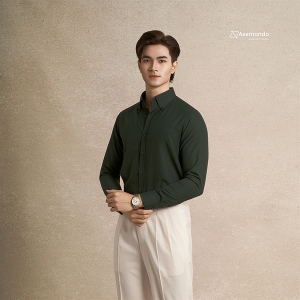 Buttondown xanh rêu đậm linen cotton cap cấp chính hãng Asemando Vietnam