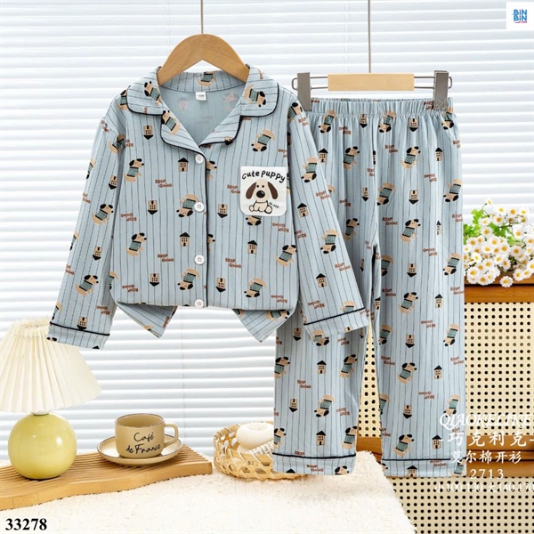 33278-Pyjama Bé Trai Cún Sọc Xanh