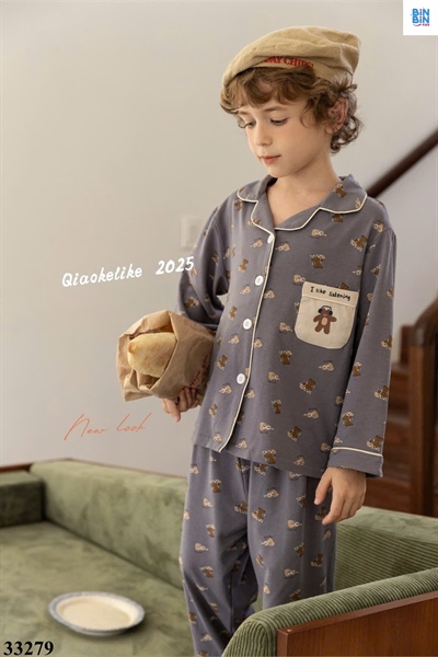 33279-Pyjama Bé Trai Gấu Phô Mai Xám