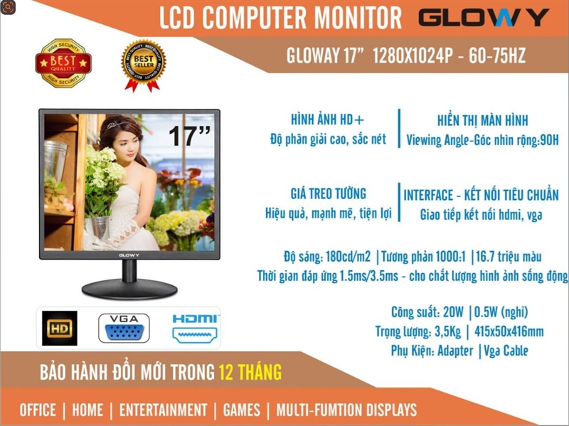 Màn hình 17' GLOWY GW17 Vuông Chính hãng FV (LED - VGA, HDMI, 1280x1024, 60Hz, Kèm cáp HDMI)