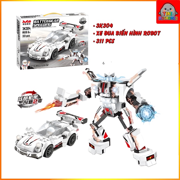 Đồ chơi lắp ráp xe đua biến hình robot trắng 3k304