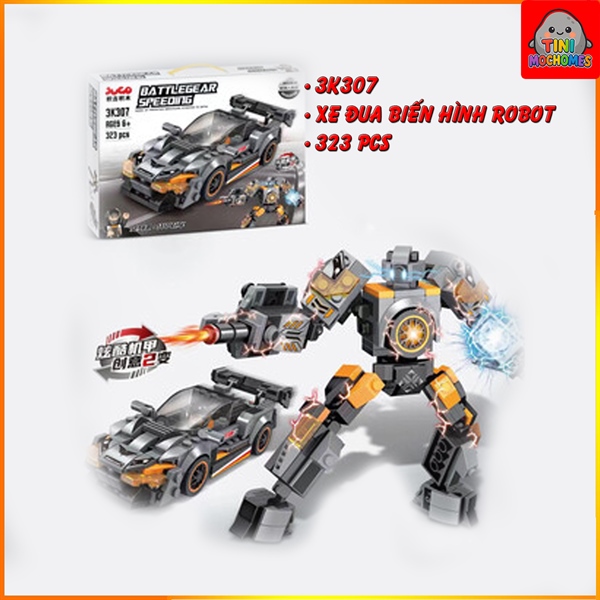 Đồ chơi lắp ráp xe đua biến hình robot xám 3k307
