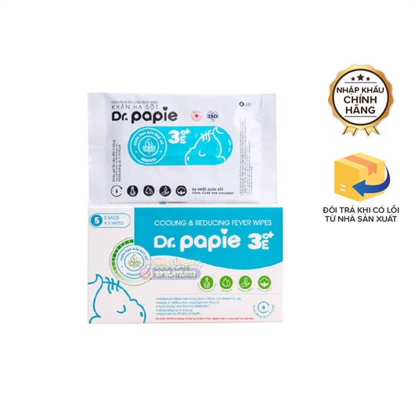 Khăn lau hạ sốt Dr.Papie (có bạc hà) – 5 túi x 5 khăn – Việt Nam – Từ 3m