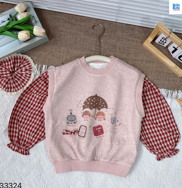 33324-Áo TD hồng phối caro đỏ tay bo