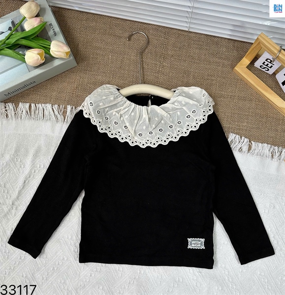 33117-Áo DT giữ nhiệt len tăm cổ bèo ren lỗ