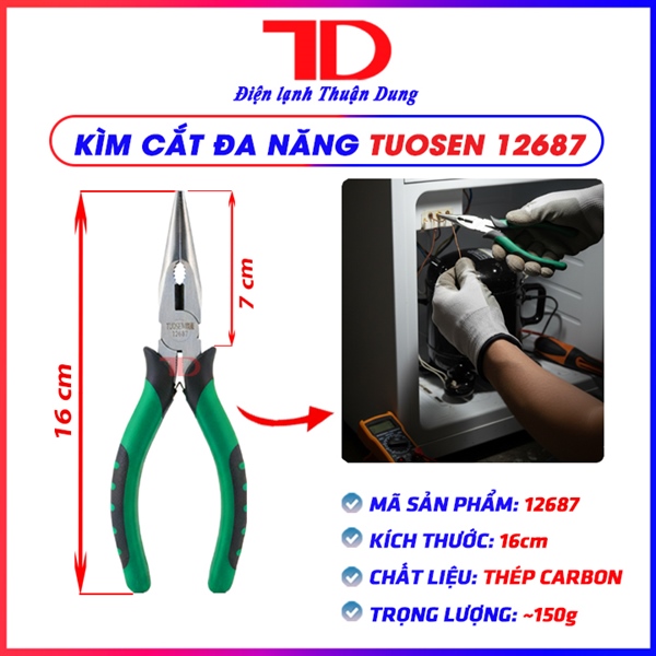 Kìm mũi nhọn Tuosen cắt dây, tuốt dây, thép 45, 6 inch,khối lượng 0.15kg, kìm 12687 (hộp 16 cái, thùng 96 cái)