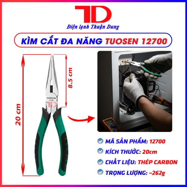 Kìm mũi nhọn Tuosen cắt dây, tuốt dây, thép 45, 8 inch, khối lượng 0.26kg, kìm 12700 (hộp 14 cái, thùng 84 cái)