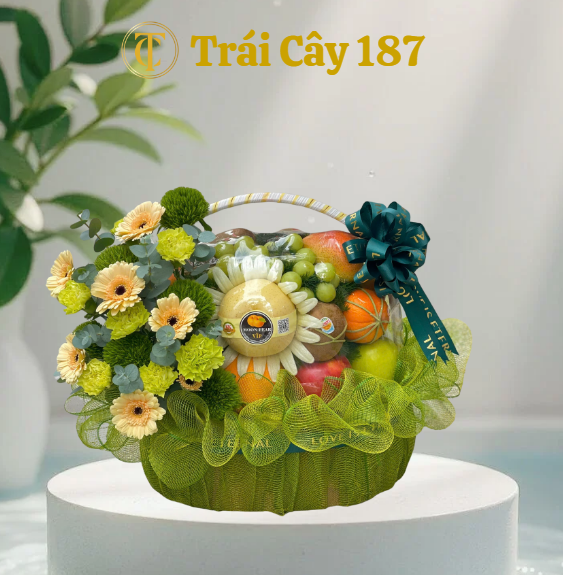 Giỏ Trái Cây Mix Hoa Đồng Tiền, Hoa Cúc Xanh