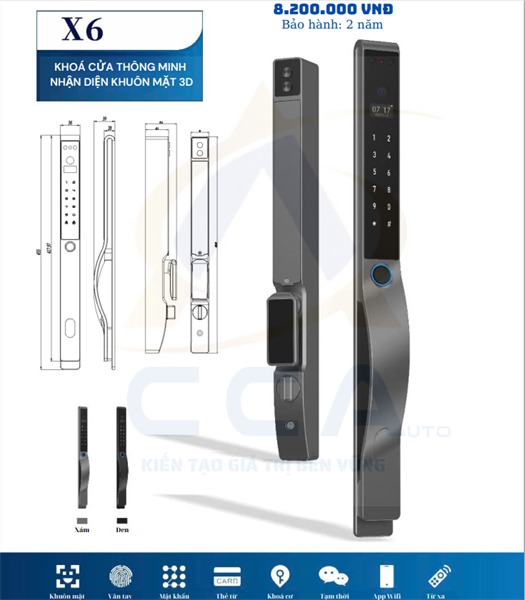 Khoá thông minh cửa nhôm X6, nhận diện khuôn mặt màu xám