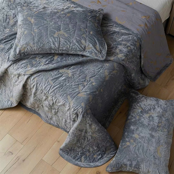 Bộ nhung 3 món chần lá vàng ánh kim | Mặt A: Nhung Ý cao cấp - Mặt B: Cotton - LX03.XANHGHI