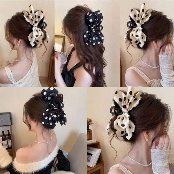 Tb kẹp tóc vải lụa chấm bi thăt s nơ mĩ màu