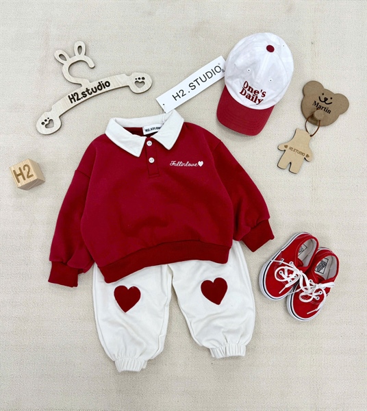 Set đồ nỉ tay dài HEART đỏ trắng cho bé trai, bé gái 1-7 tuổi siêu hot mặc noel, giữ ấm, đi chơi tết đều đẹp