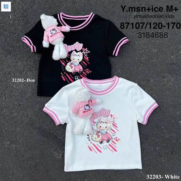 32203- Áo thun in KITTY READY đính gấu-trắng