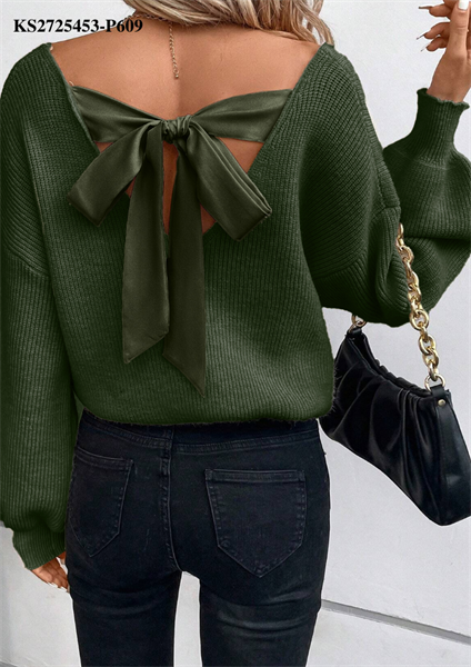 Jungle Green Lantern Sleeve V Neck Knot Back Sweater