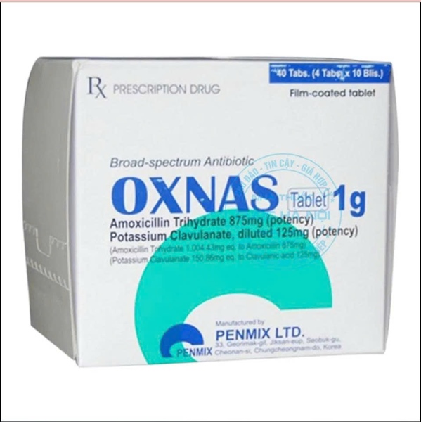Thuốc Oxnas 1g ("Amoxicillin 875mg+Clavulanic acid 125mg)điều trị nhiễm khuẩn ở người lớn và trẻ em (H*10 vỉ x 4 viên) - Pharmix Corporation