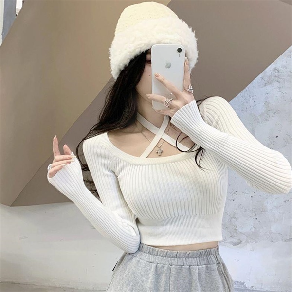 [QC] Áo len tăm cổ tròn mix dây buộc