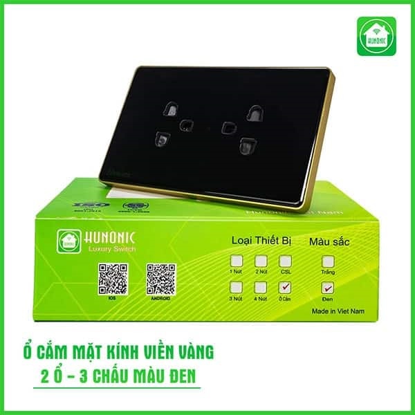 Ổ cắm Hunonic có tiếp địa viền Vàng, màu Đen